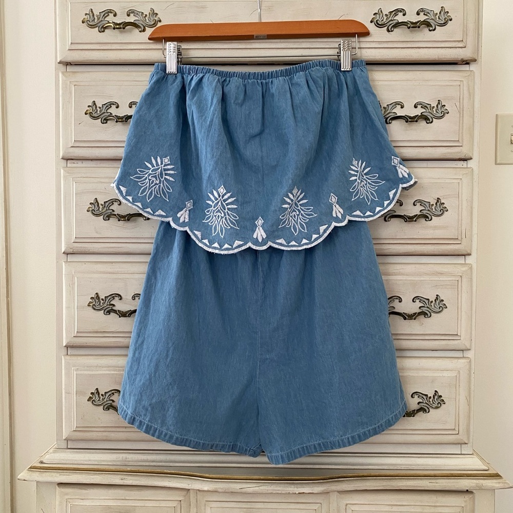 Chambray Strapless Pocketed Romper